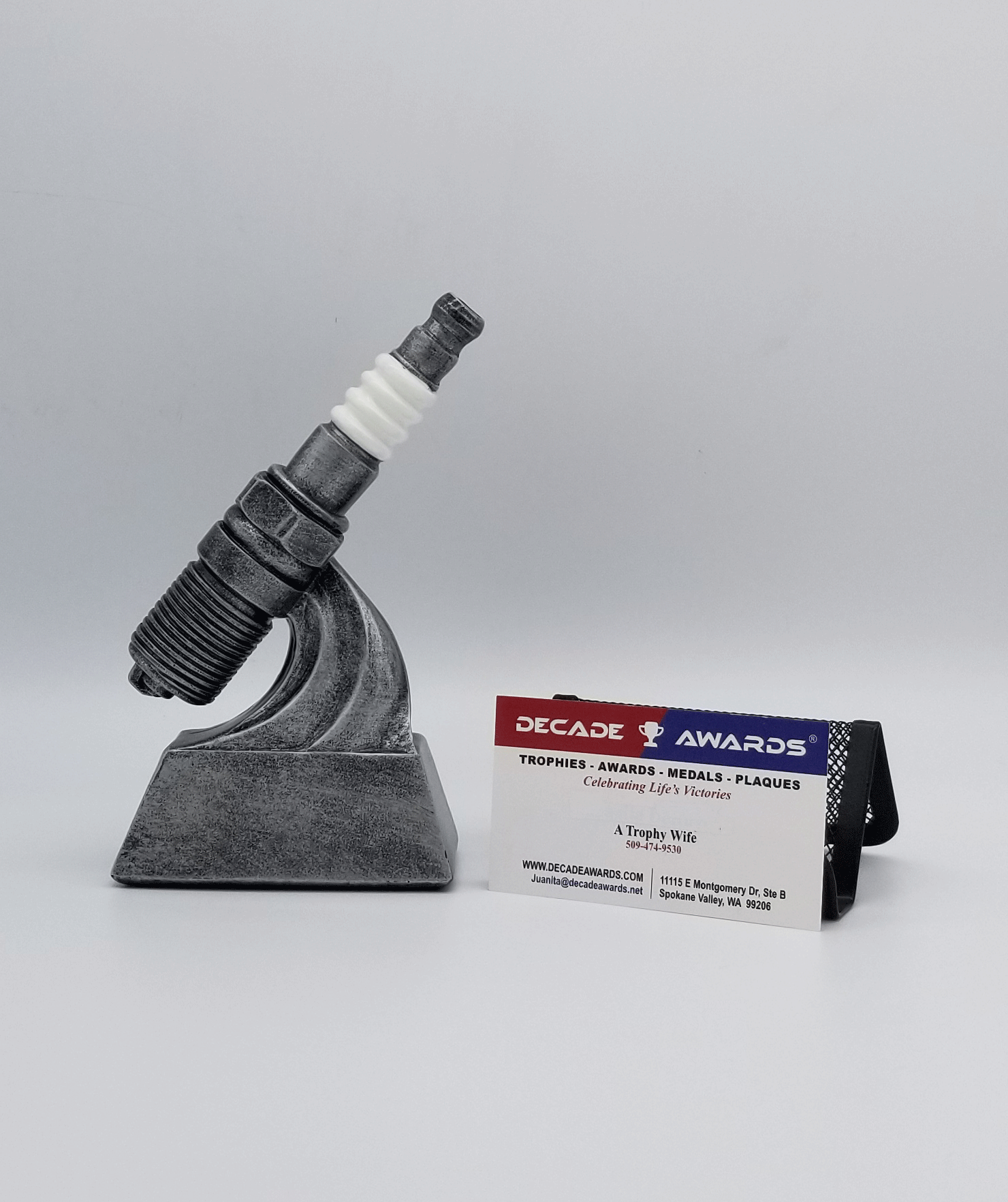 Spark Plug Trophy - Antique Silver | Engraved Spark Plug Award - 6 or 8 Inch Tall Decade Awards