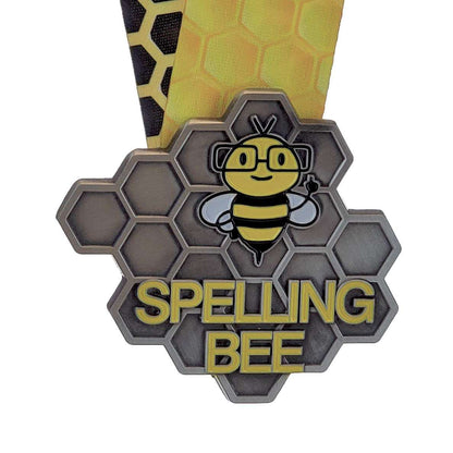 Spelling Bee Honeycomb Medal - Gold, Silver or Bronze | Engraved Spelling B Medal with Honeycomb Neckband - 3.25 Inch Wide Decade Awards
