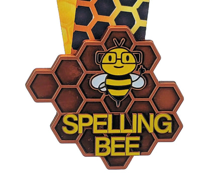 Spelling Bee Honeycomb Medal - Gold, Silver or Bronze | Engraved Spelling B Medal with Honeycomb Neckband - 3.25 Inch Wide Decade Awards