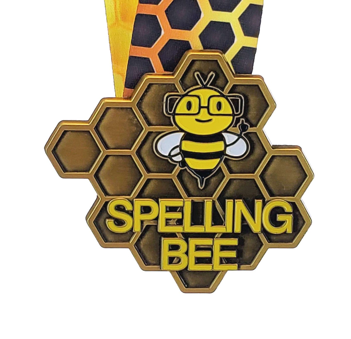 Spelling Bee Honeycomb Medal - Gold, Silver or Bronze | Engraved Spelling B Medal with Honeycomb Neckband - 3.25 Inch Wide Decade Awards