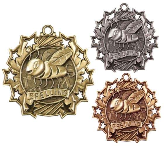 Spelling Ten Star Medal - Gold, Silver or Bronze | Engraved Spelling Bee 10 Star Medallion | 2.25 Inch Wide Decade Awards