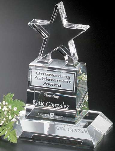 Star Champion Pedestal Crystal Trophy | Engraved Star Corporate Award - 6", 8.5" or 10.5" Decade Awards