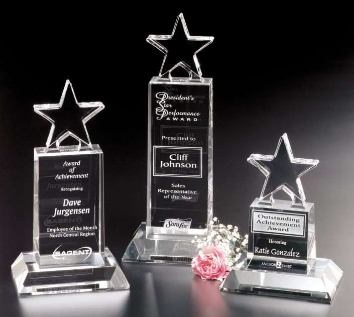 Star Champion Pedestal Crystal Trophy | Engraved Star Corporate Award - 6", 8.5" or 10.5" Decade Awards