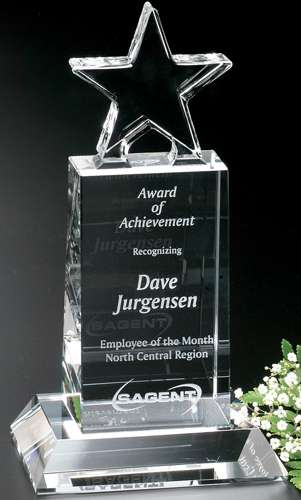 Star Champion Pedestal Crystal Trophy | Engraved Star Corporate Award - 6", 8.5" or 10.5" Decade Awards