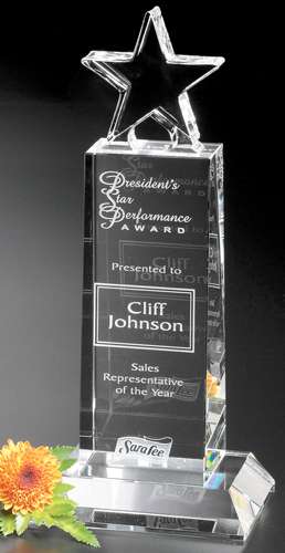 Star Champion Pedestal Crystal Trophy | Engraved Star Corporate Award - 6", 8.5" or 10.5" Decade Awards