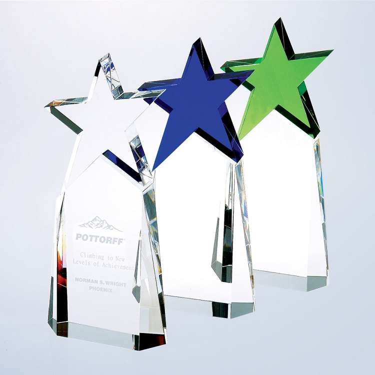 Star Triumphant Crystal Trophy - Clear, Blue or Green | Engraved Star Corporate Award - 9 Inch Tall Decade Awards
