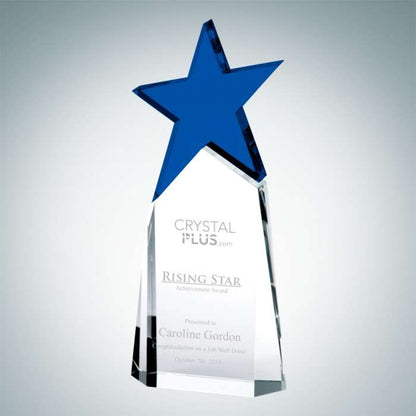 Star Triumphant Crystal Trophy - Clear, Blue or Green | Engraved Star Corporate Award - 9 Inch Tall Decade Awards