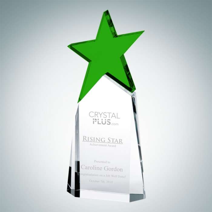 Star Triumphant Crystal Trophy - Clear, Blue or Green | Engraved Star Corporate Award - 9 Inch Tall Decade Awards