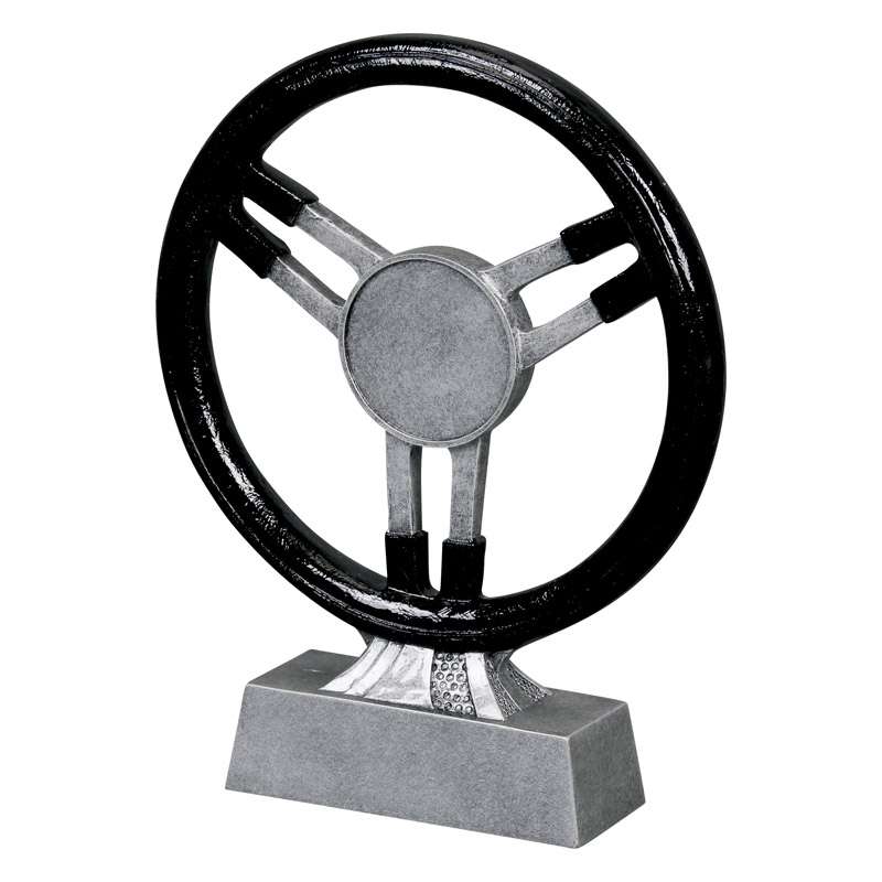 Steering Wheel Trophy / Automotive Award - Black & Silver Finish - 8.75 Inch Tall Decade Awards