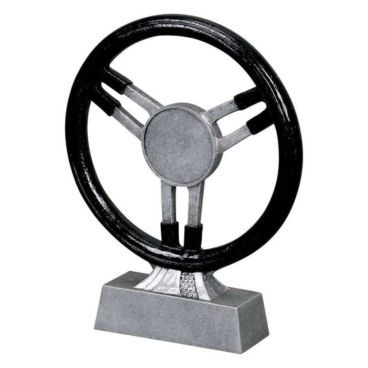Steering Wheel Trophy / Automotive Award - Black & Silver Finish - 8.75 Inch Tall Decade Awards