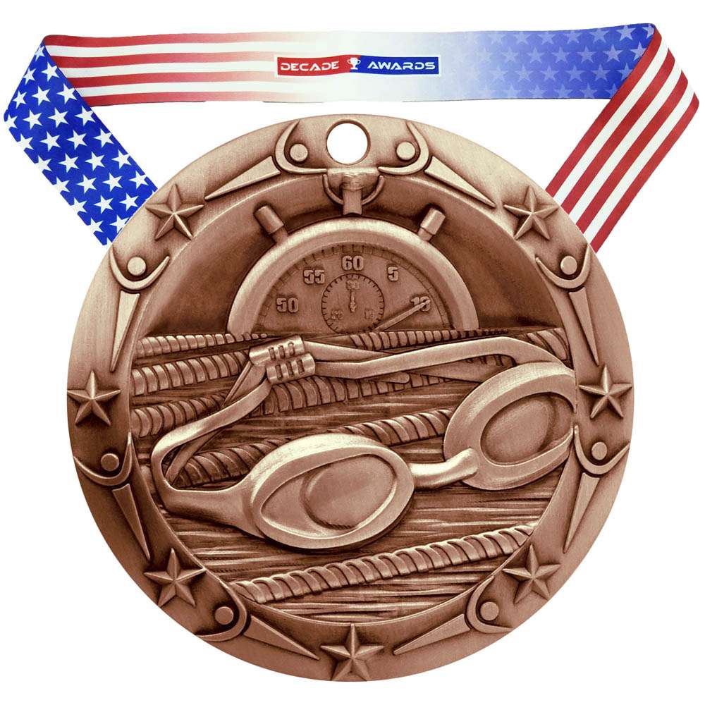 Swimming World Class Medal - Gold, Silver or Bronze | Engraved Swim Meet Medallion - 3 Inch Wide Decade Awards