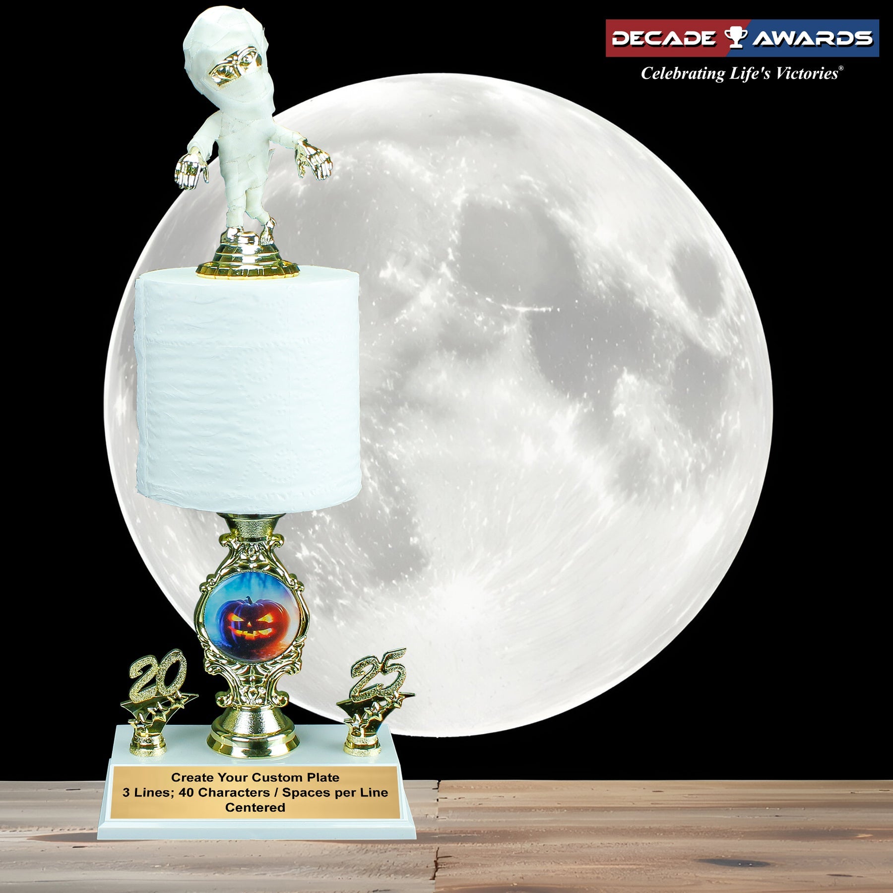 Spooky Halloween Mummy Toilet Paper Trophy with free custom engraving – 16.5 inch award by Decade Awards