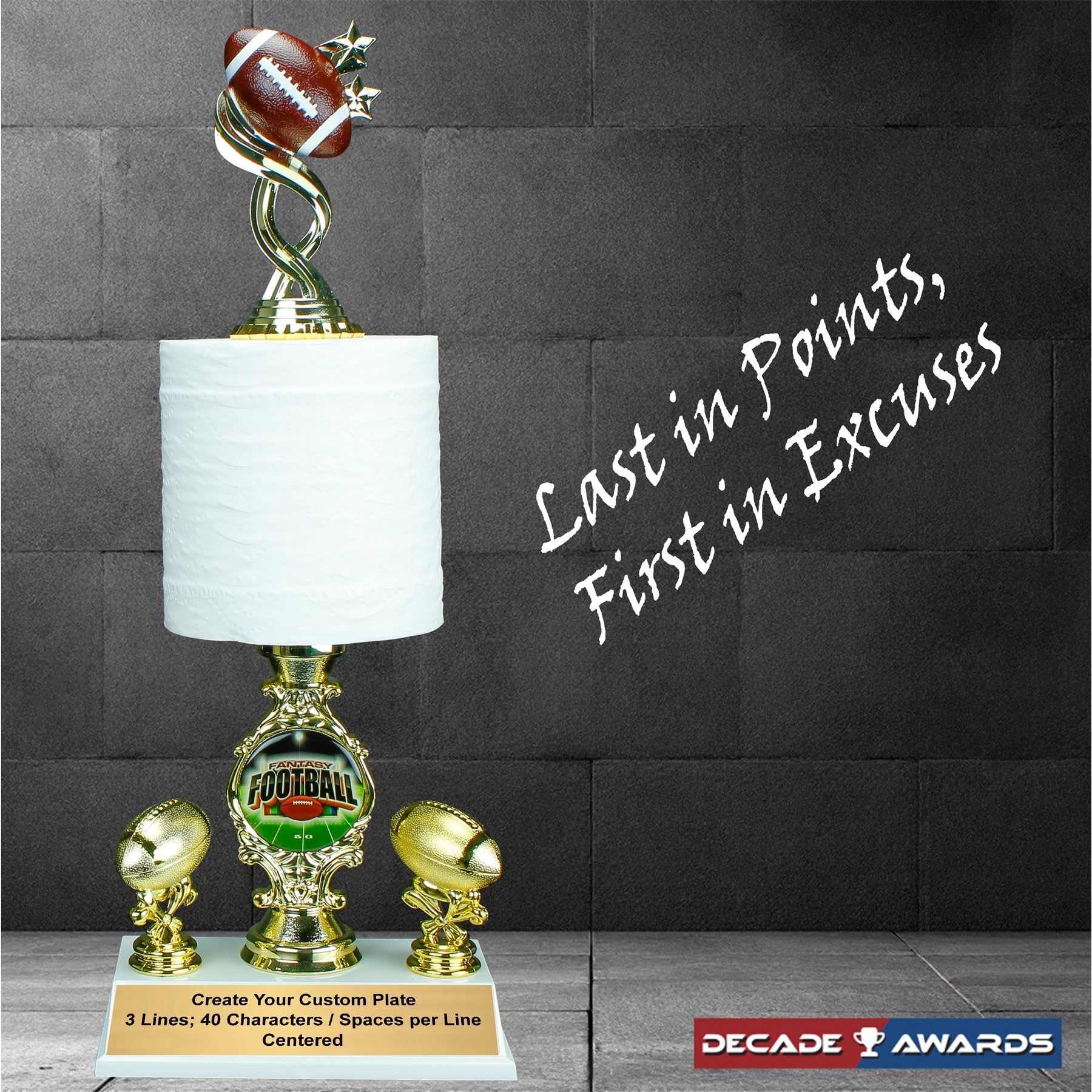 Fantasy Football Toilet Paper Trophy with football topper custom engraved loser award – Decade Awards