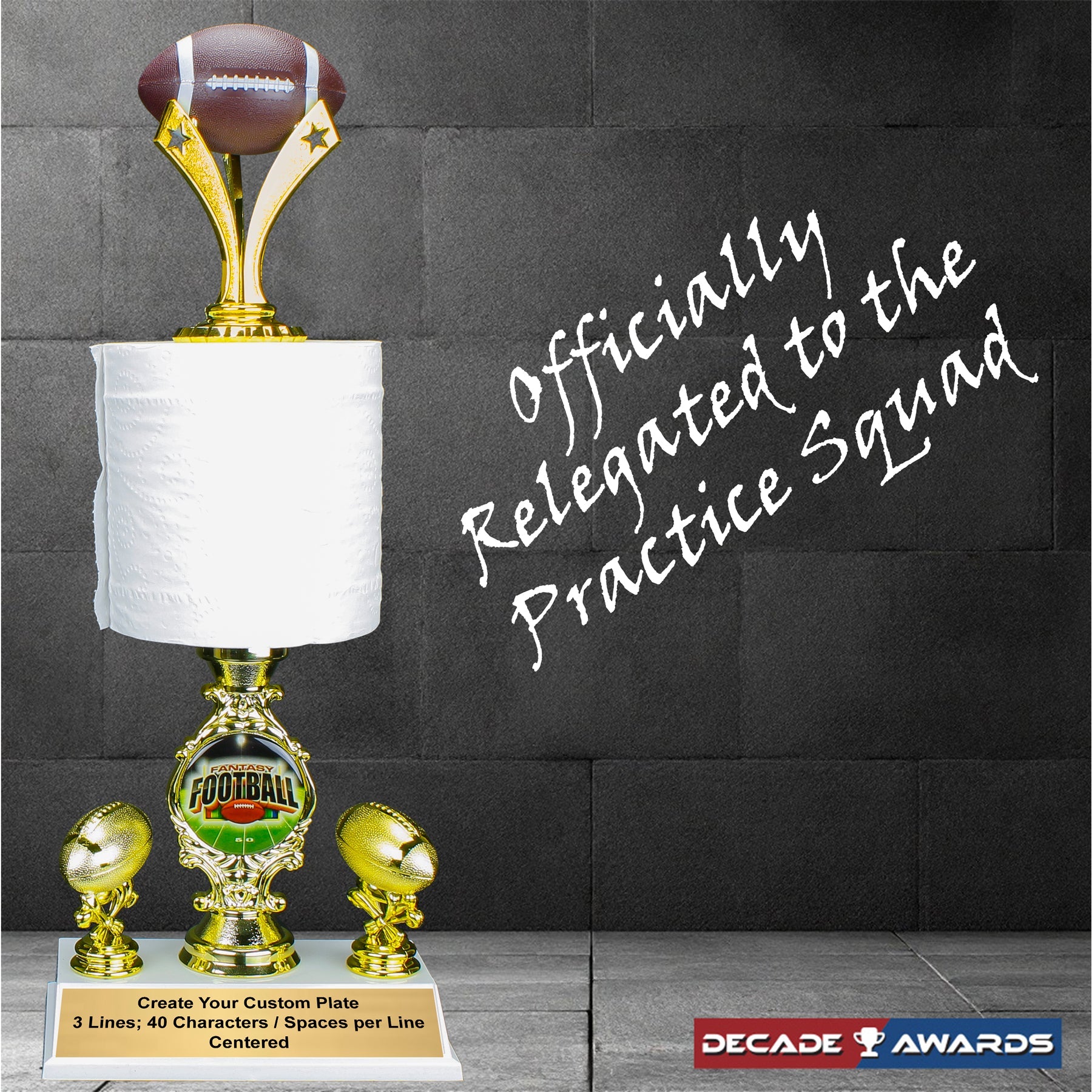Fantasy Football Last Place Toilet Paper Trophy with football topper custom engraved loser award – Decade Awards