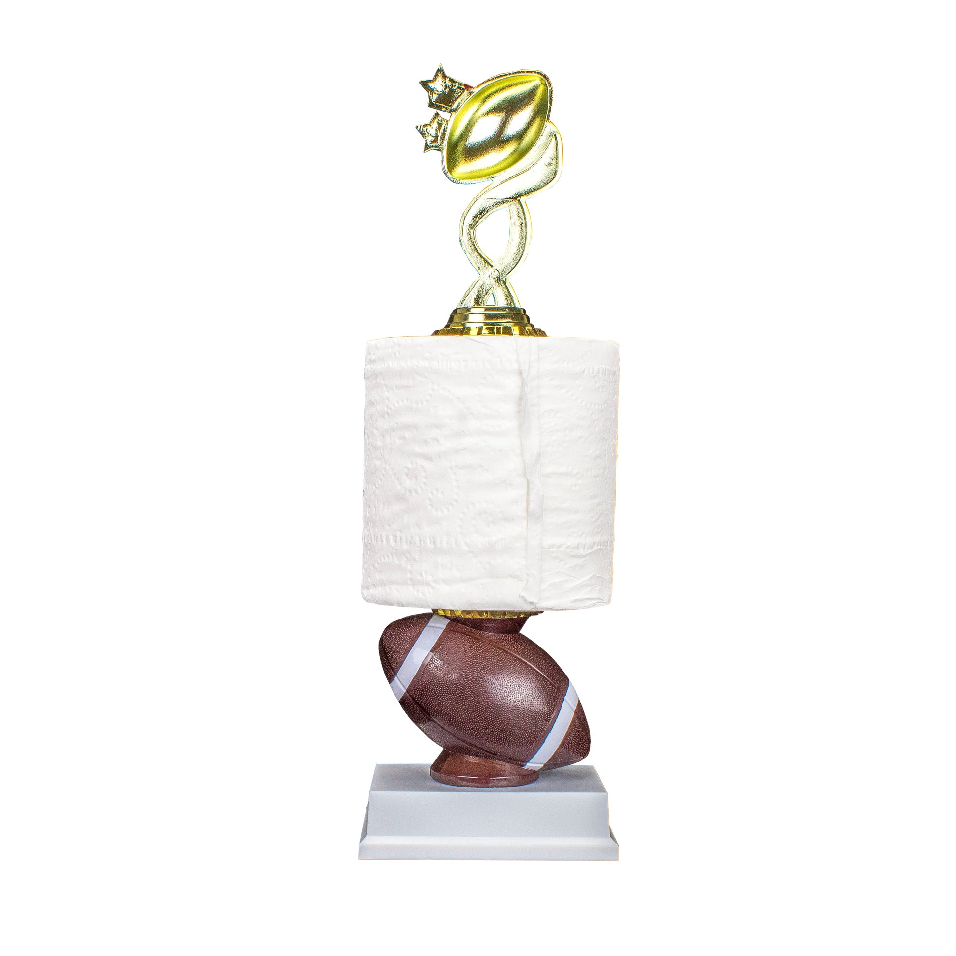 Funny Football Toilet Paper Trophy with custom engraving for last place leagues – 13.75 Inch by Decade Awards