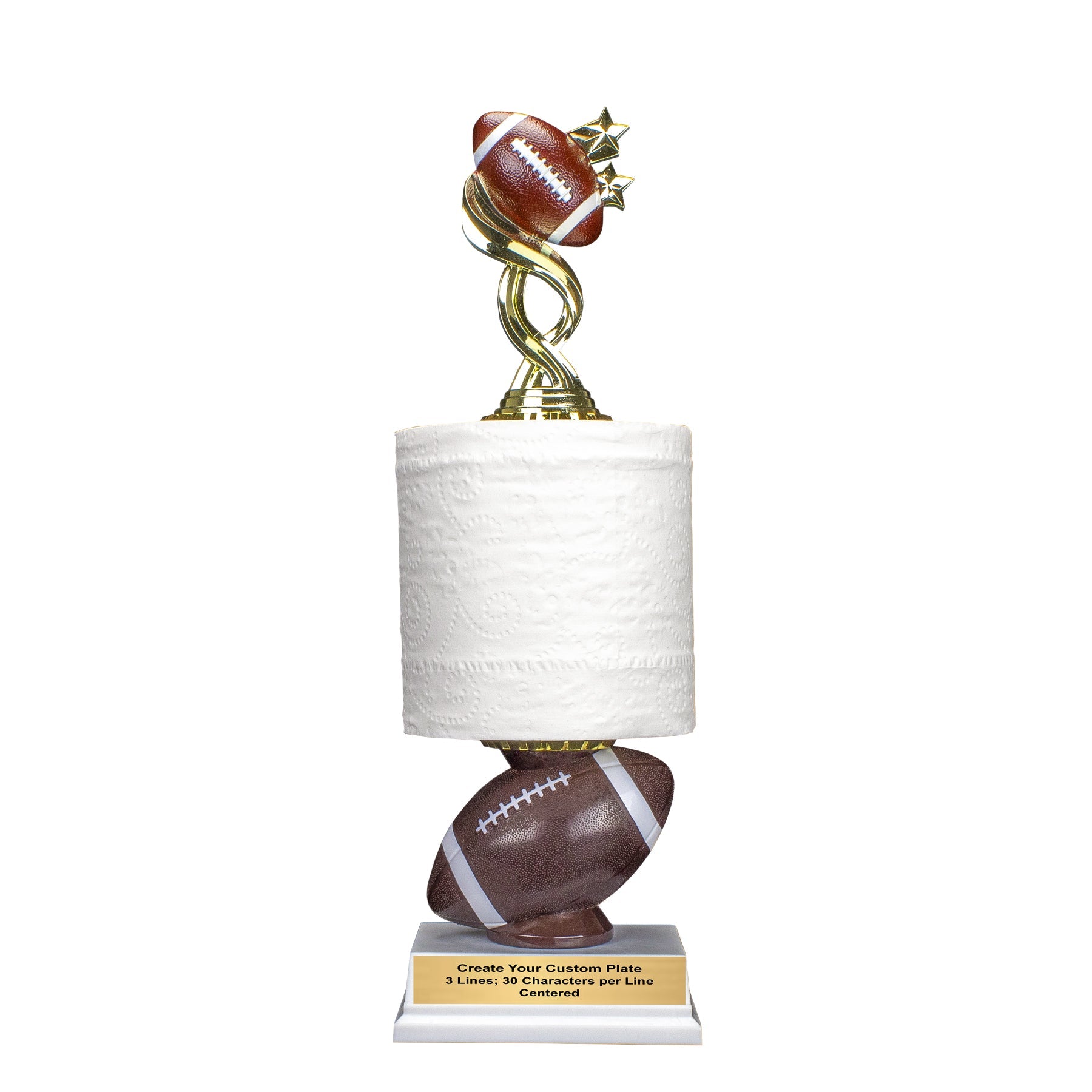 Funny Football Toilet Paper Trophy with custom engraving for last place leagues – 13.75 Inch by Decade Awards