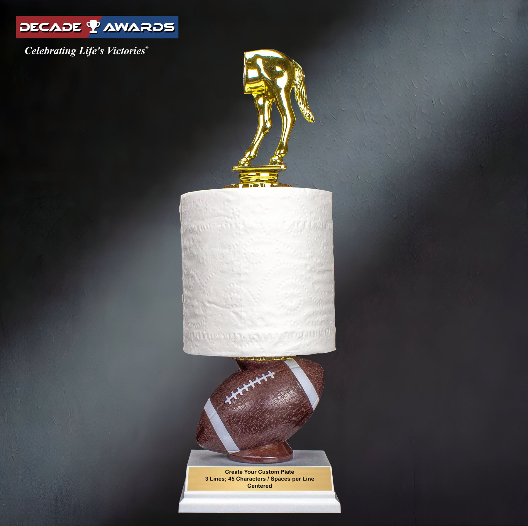 Decade Awards TP Award of Shame featuring a horse’s rear design, real toilet paper roll and free engraving for last-place winners.