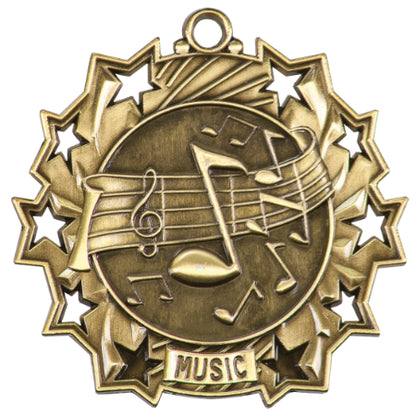Personalized Music Medal with Ribbon | Gold, Silver or Bronze | Ten Star Medal | 2.25 Inches Wide