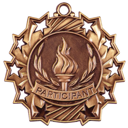Personalized Participant Medal with Ribbon | Gold, Silver or Bronze | Ten Star Medal | 2.25 Inches Wide