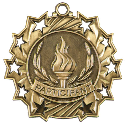 Personalized Participant Medal with Ribbon | Gold, Silver or Bronze | Ten Star Medal | 2.25 Inches Wide