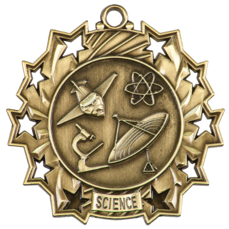 Personalized Science Medal with Ribbon | Gold, Silver or Bronze | Ten Star Science Medal | 2.25 Inches Wide