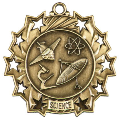 Personalized Science Medal with Ribbon | Gold, Silver or Bronze | Ten Star Science Medal | 2.25 Inches Wide