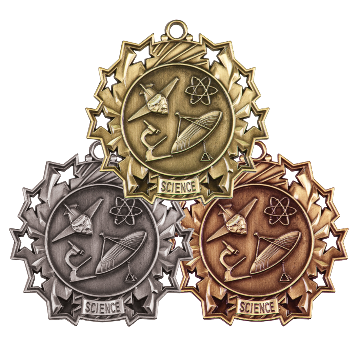 Personalized Science Medal with Ribbon | Gold, Silver or Bronze | Ten Star Science Medal | 2.25 Inches Wide
