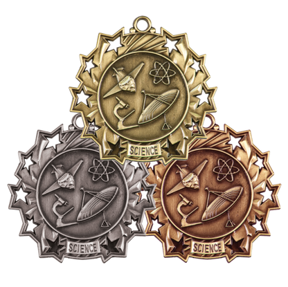 Personalized Science Medal with Ribbon | Gold, Silver or Bronze | Ten Star Science Medal | 2.25 Inches Wide