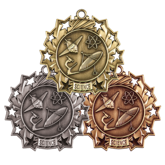 Personalized Science Medal with Ribbon | Gold, Silver or Bronze | Ten Star Science Medal | 2.25 Inches Wide