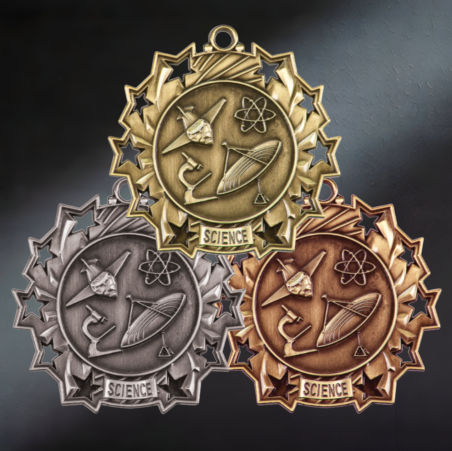 Personalized Science Medal with Ribbon | Gold, Silver or Bronze | Ten Star Science Medal | 2.25 Inches Wide