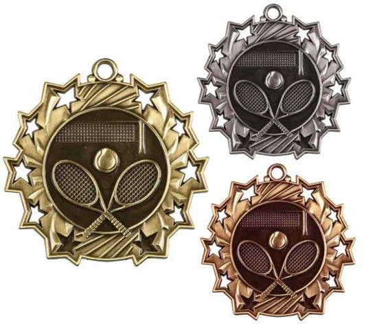 Tennis Ten Star Medal - Gold, Silver or Bronze | Engraved Tennis Racket 10 Star Medallion - 2.25 Inch Wide Decade Awards
