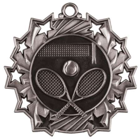 Tennis Ten Star Medal - Gold, Silver or Bronze | Engraved Tennis Racket 10 Star Medallion - 2.25 Inch Wide Decade Awards