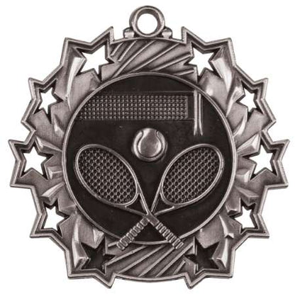 Tennis Ten Star Medal - Gold, Silver or Bronze | Engraved Tennis Racket 10 Star Medallion - 2.25 Inch Wide Decade Awards