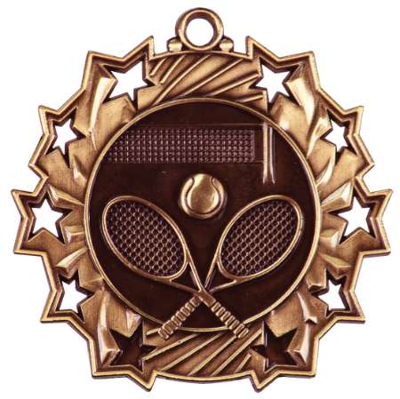 Tennis Ten Star Medal - Gold, Silver or Bronze | Engraved Tennis Racket 10 Star Medallion - 2.25 Inch Wide Decade Awards