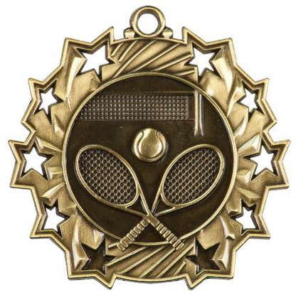 Tennis Ten Star Medal - Gold, Silver or Bronze | Engraved Tennis Racket 10 Star Medallion - 2.25 Inch Wide Decade Awards