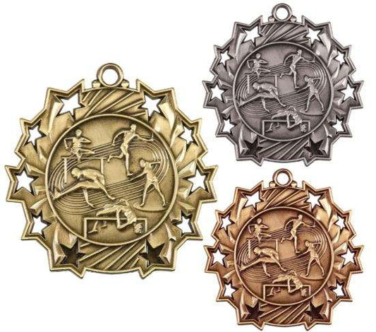 Track & Field Ten Star Medal - Gold, Silver or Bronze | Engraved Field Event 10 Star Medallion | 2.25 Inch Wide Decade Awards
