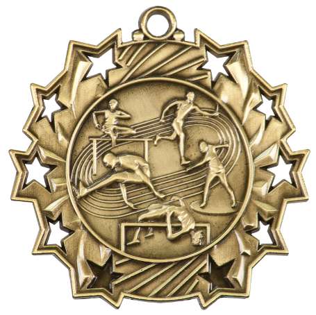 Track & Field Ten Star Medal - Gold, Silver or Bronze | Engraved Field Event 10 Star Medallion | 2.25 Inch Wide Decade Awards