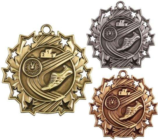 Track Ten Star Medal - Gold, Silver or Bronze | Engraved Running 10 Star Medallion | 2.25 Inch Wide Decade Awards