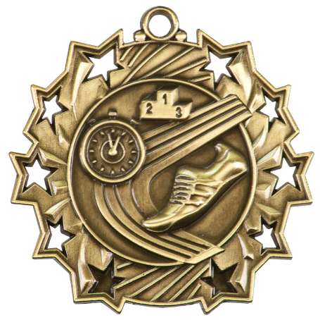 Track Ten Star Medal - Gold, Silver or Bronze | Engraved Running 10 Star Medallion | 2.25 Inch Wide Decade Awards