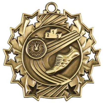 Track Ten Star Medal - Gold, Silver or Bronze | Engraved Running 10 Star Medallion | 2.25 Inch Wide Decade Awards