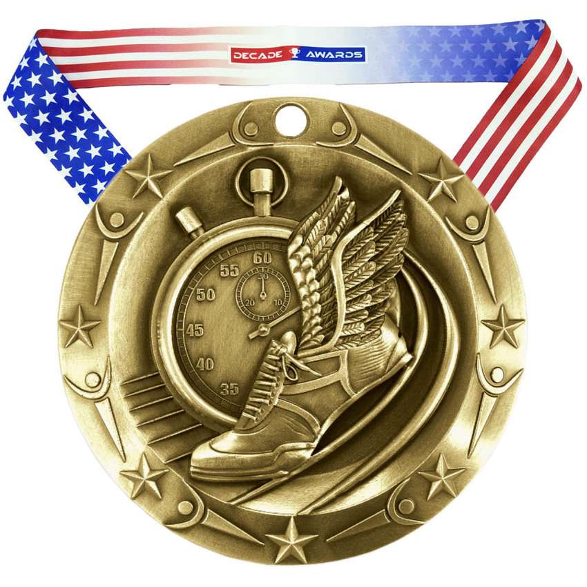 Track World Class Medal - Gold, Silver or Bronze | Engraved Track & Field Place Medallion - 3 Inch Wide Decade Awards
