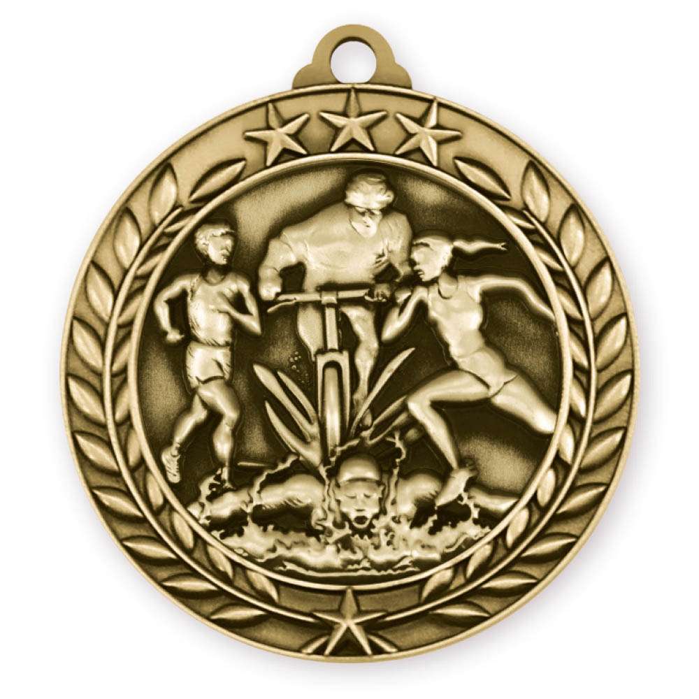 Triathlon Wreath Medal - Gold | Engraved Gold Triathlon Medallion - 2.75 Inch Wide Decade Awards
