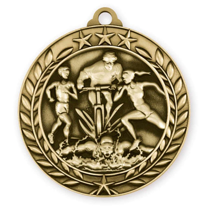 Triathlon Wreath Medal - Gold | Engraved Gold Triathlon Medallion - 2.75 Inch Wide Decade Awards