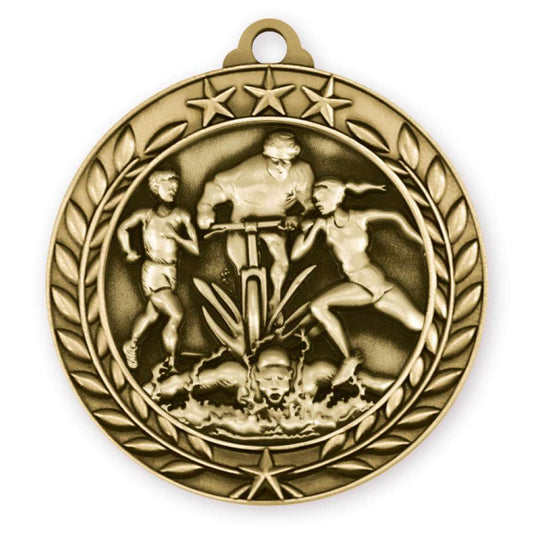 Triathlon Wreath Medal - Gold | Engraved Gold Triathlon Medallion - 2.75 Inch Wide Decade Awards