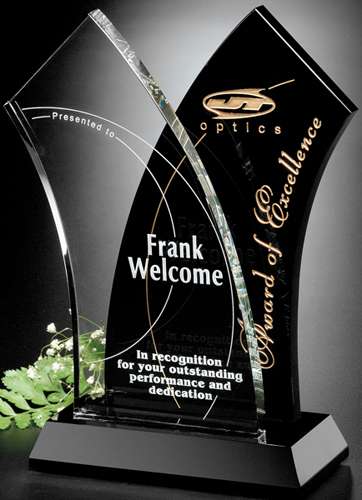Tuxedo-Wave Corporate Award | Engraved Black and Optical Crystal Award- 10" Tall Decade Awards