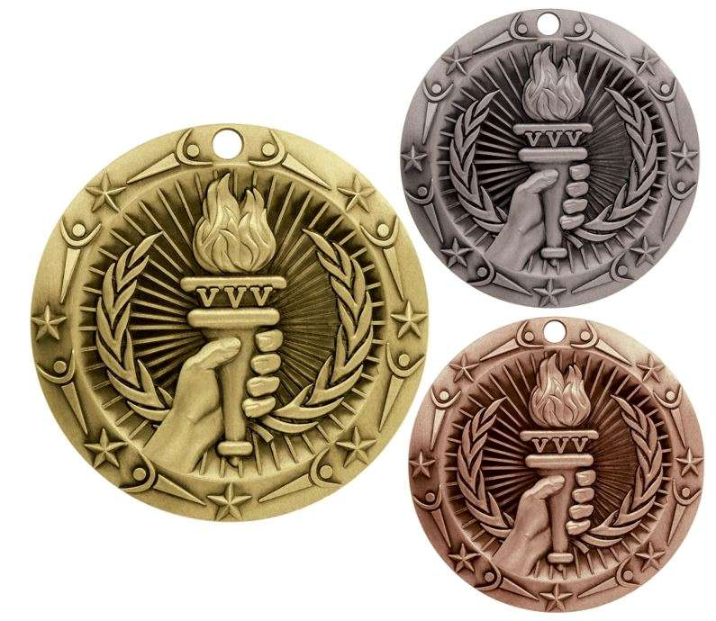 Victory Flame World Class Medal - Gold, Silver or Bronze | Engraved Flame of Victory Medallion - 3 Inch Wide Decade Awards
