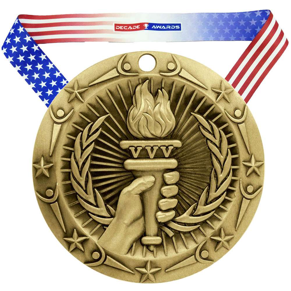 Victory Flame World Class Medal - Gold, Silver or Bronze | Engraved Flame of Victory Medallion - 3 Inch Wide Decade Awards