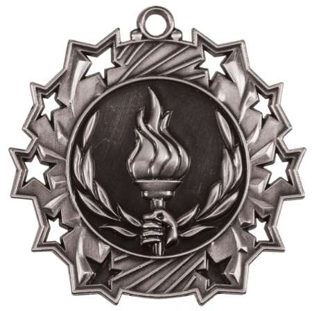 Victory Ten Star Medal - Gold, Silver or Bronze | Engraved Flame of Victory 10 Star Medallion | 2.25 Inch Wide Decade Awards