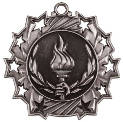 Victory Ten Star Medal - Gold, Silver or Bronze | Engraved Flame of Victory 10 Star Medallion | 2.25 Inch Wide Decade Awards