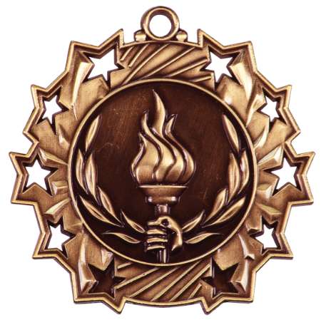 Victory Ten Star Medal - Gold, Silver or Bronze | Engraved Flame of Victory 10 Star Medallion | 2.25 Inch Wide Decade Awards